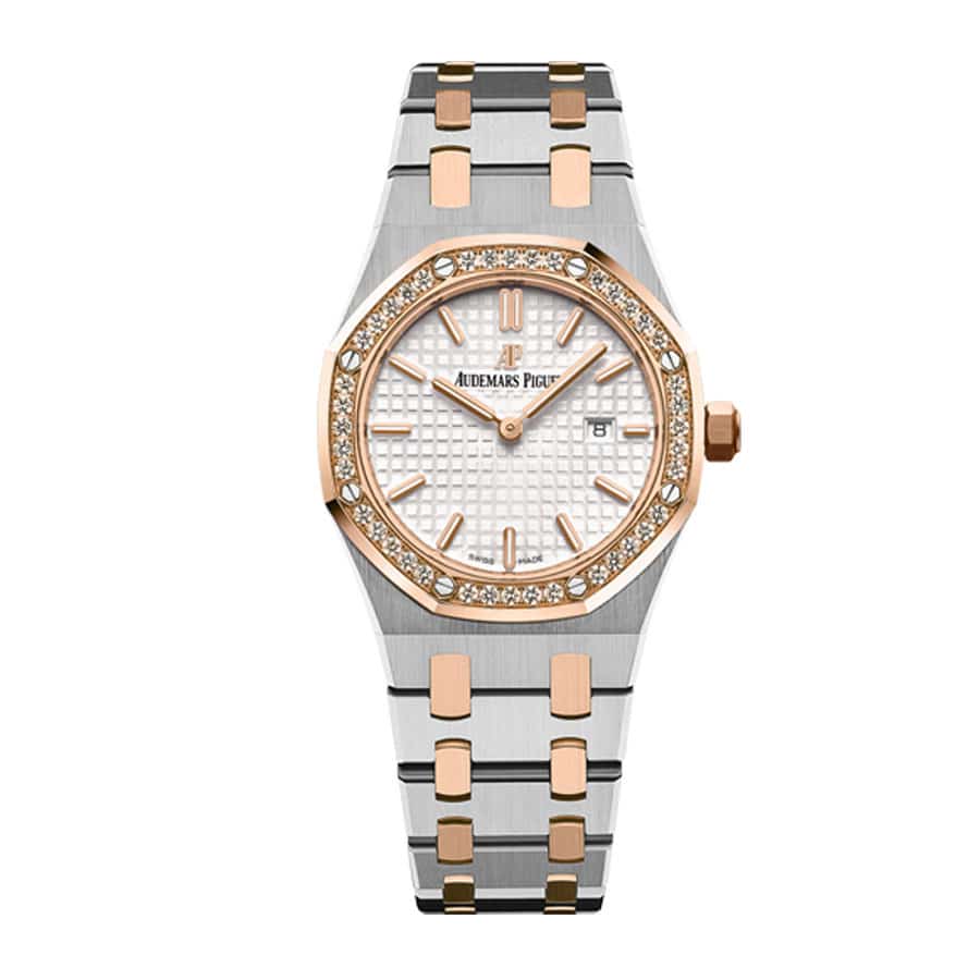 audemars-piguet-royal-oak-quartz-ladies-rose-gold-steel-silver-index-diamond-bezel-67651sr-zz-1261sr-01-replica.jpg Audemars Piguet Royal Oak Ladies 67651SR.ZZ.1261SR.01 “Diamond Bezel” Super Clone Edition - Image 1