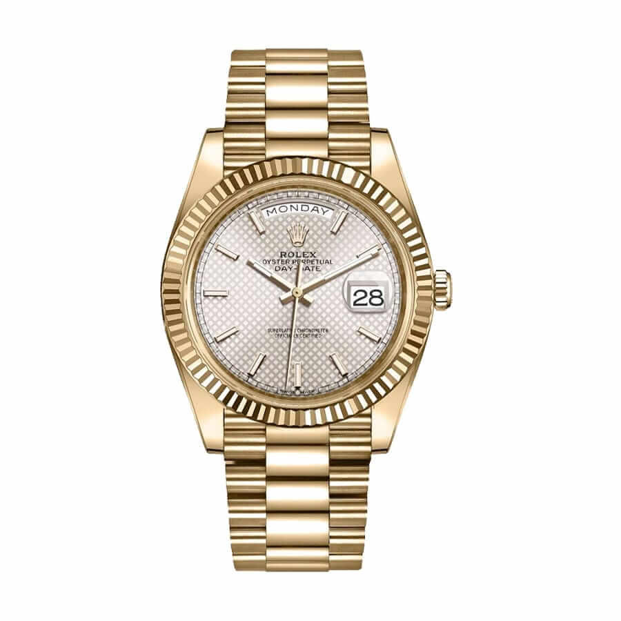 rolex-day-date-228238-n-yellow-gold-silver-diagonal-dial-replica.jpg Rolex Day-Date 228238-0004 “Diagonal Silver” Premium Duplicate - Image 1